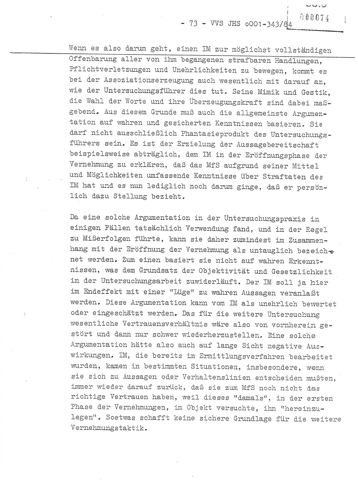 Diplomarbeit, Oberleutnant Bernd Michael (HA Ⅸ/5), Oberleutnant Peter Felber (HA IX/5), Ministerium für Staatssicherheit (MfS) [Deutsche Demokratische Republik (DDR)], Juristische Hochschule (JHS), Vertrauliche Verschlußsache (VVS) o001-343/84, Potsdam 1985, Seite 73 (Dipl.-Arb. MfS DDR JHS VVS o001-343/84 1985, S. 73)