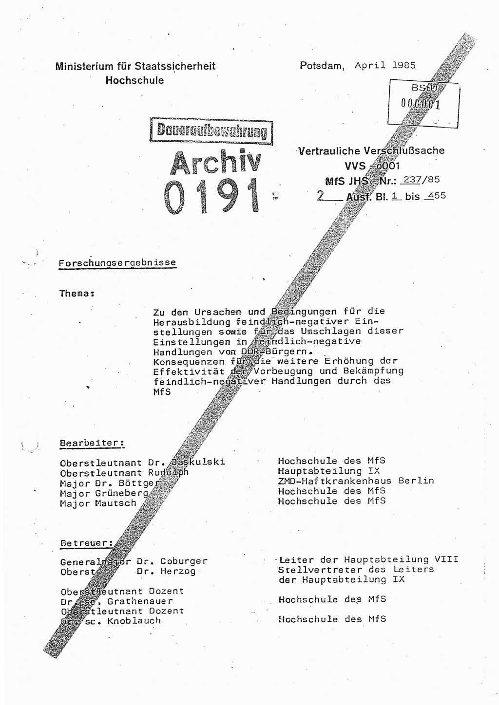 Dissertation Oberstleutnant Peter Jakulski (JHS), Oberstleutnat Christian Rudolph (HA Ⅸ), Major Horst Böttger (ZMD), Major Wolfgang Grüneberg (JHS), Major Albert Meutsch (JHS), Ministerium für Staatssicherheit (MfS) [Deutsche Demokratische Republik (DDR)], Juristische Hochschule (JHS), Vertrauliche Verschlußsache (VVS) o001-237/85, Potsdam 1985, Seite 1 (Diss. MfS DDR JHS VVS o001-237/85 1985, S. 1)