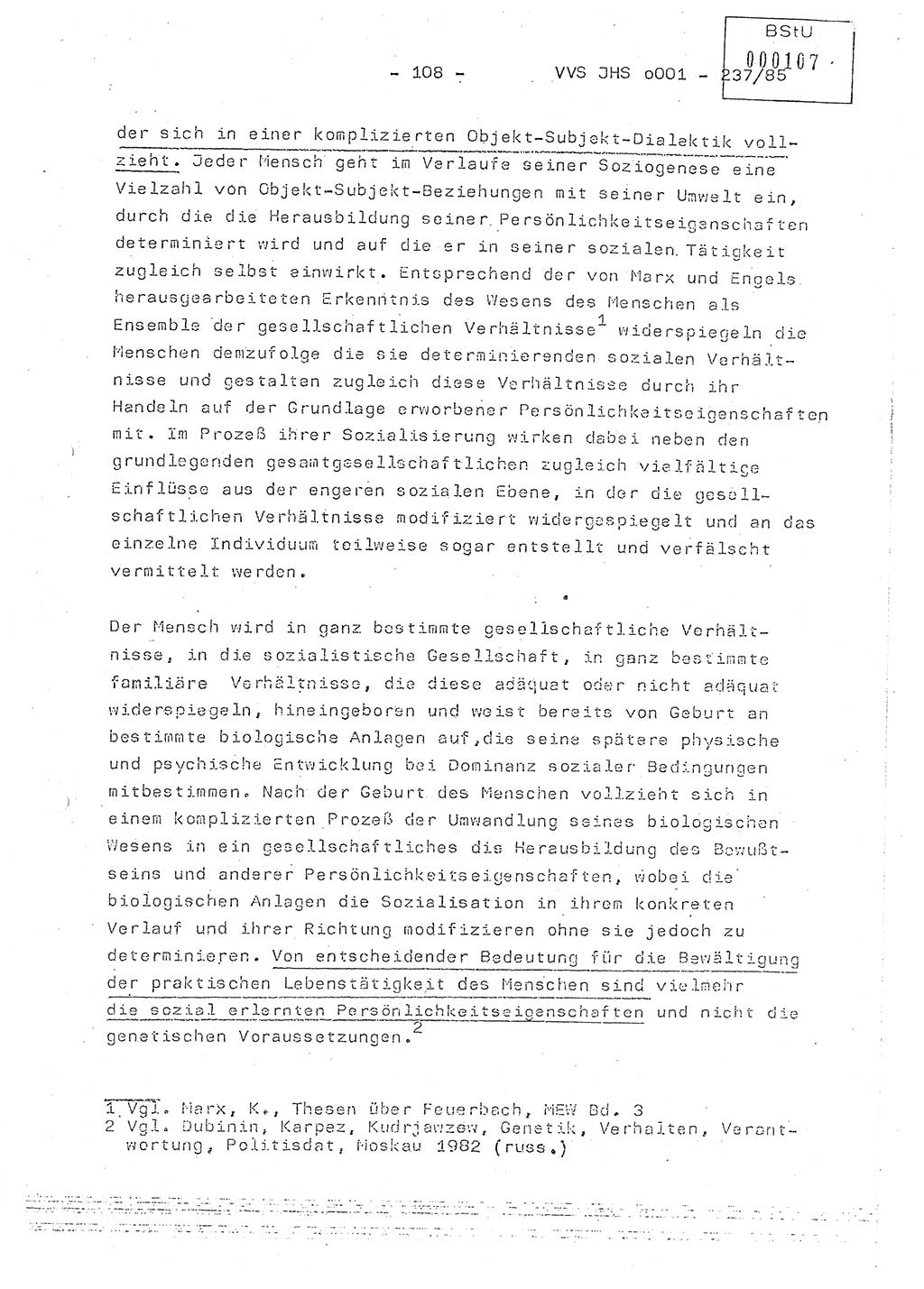 Dissertation Oberstleutnant Peter Jakulski (JHS), Oberstleutnat Christian Rudolph (HA Ⅸ), Major Horst Böttger (ZMD), Major Wolfgang Grüneberg (JHS), Major Albert Meutsch (JHS), Ministerium für Staatssicherheit (MfS) [Deutsche Demokratische Republik (DDR)], Juristische Hochschule (JHS), Vertrauliche Verschlußsache (VVS) o001-237/85, Potsdam 1985, Seite 108 (Diss. MfS DDR JHS VVS o001-237/85 1985, S. 108)