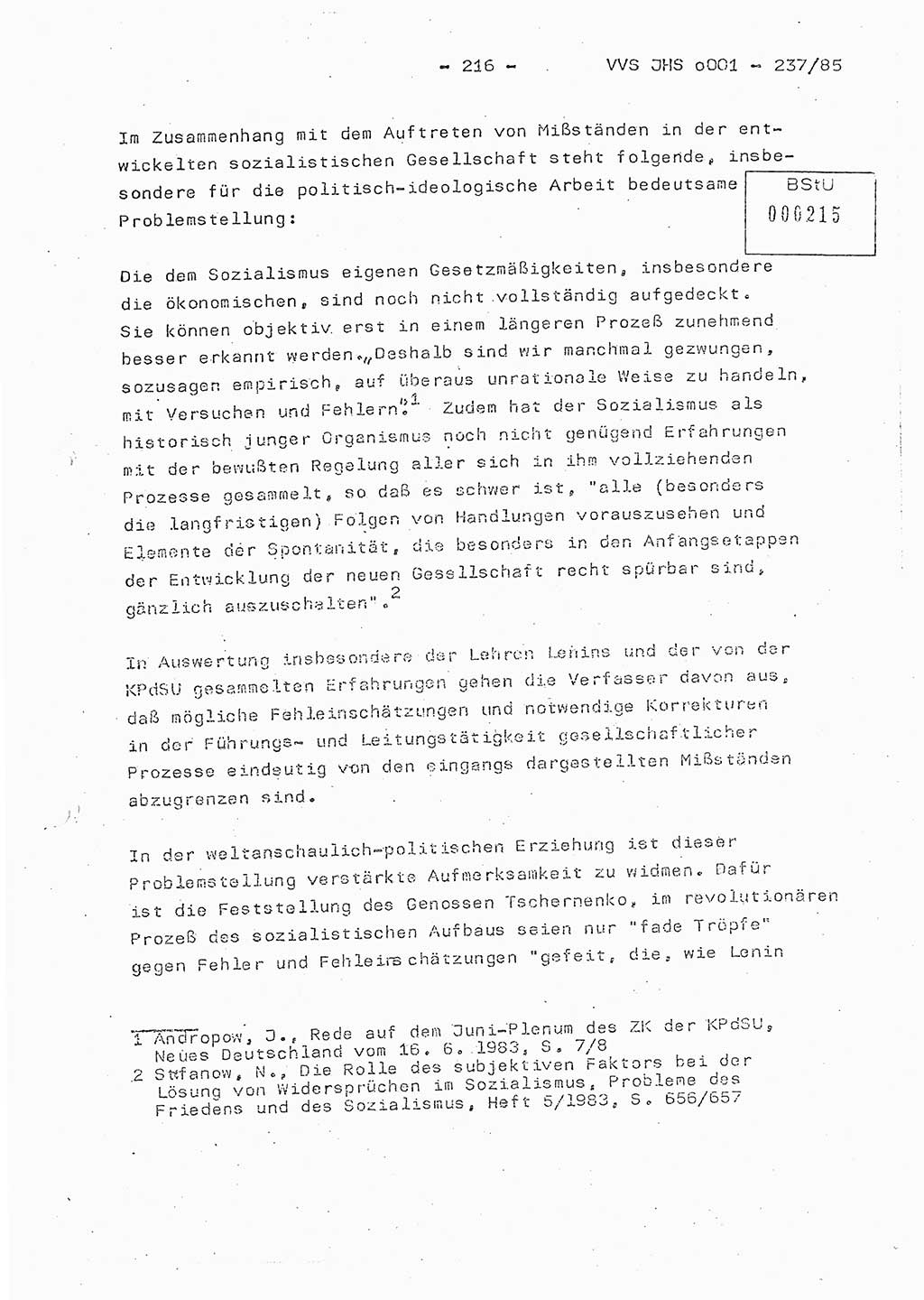 Dissertation Oberstleutnant Peter Jakulski (JHS), Oberstleutnat Christian Rudolph (HA Ⅸ), Major Horst Böttger (ZMD), Major Wolfgang Grüneberg (JHS), Major Albert Meutsch (JHS), Ministerium für Staatssicherheit (MfS) [Deutsche Demokratische Republik (DDR)], Juristische Hochschule (JHS), Vertrauliche Verschlußsache (VVS) o001-237/85, Potsdam 1985, Seite 216 (Diss. MfS DDR JHS VVS o001-237/85 1985, S. 216)