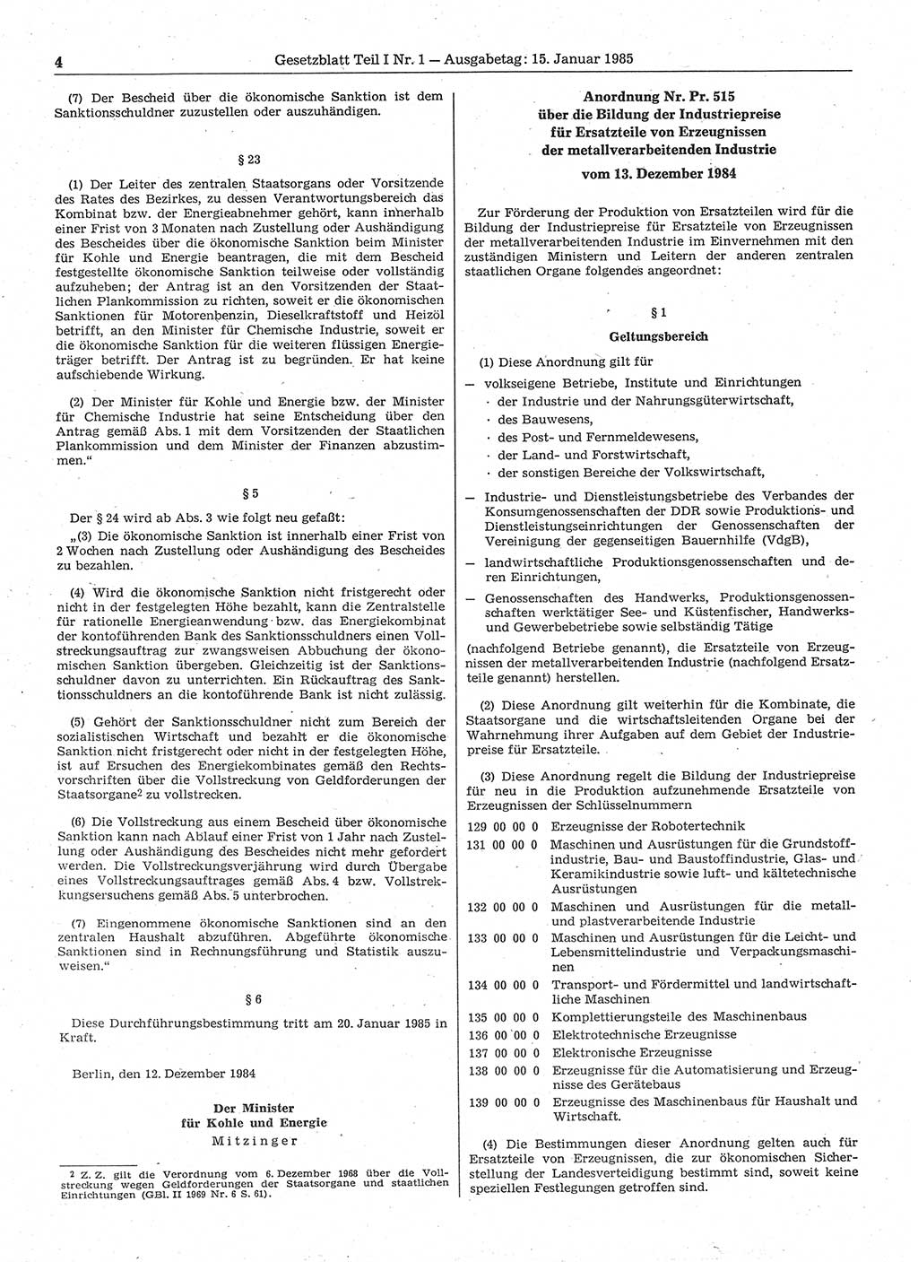 Gesetzblatt (GBl.) der Deutschen Demokratischen Republik (DDR) Teil Ⅰ 1985, Seite 4 (GBl. DDR Ⅰ 1985, S. 4)