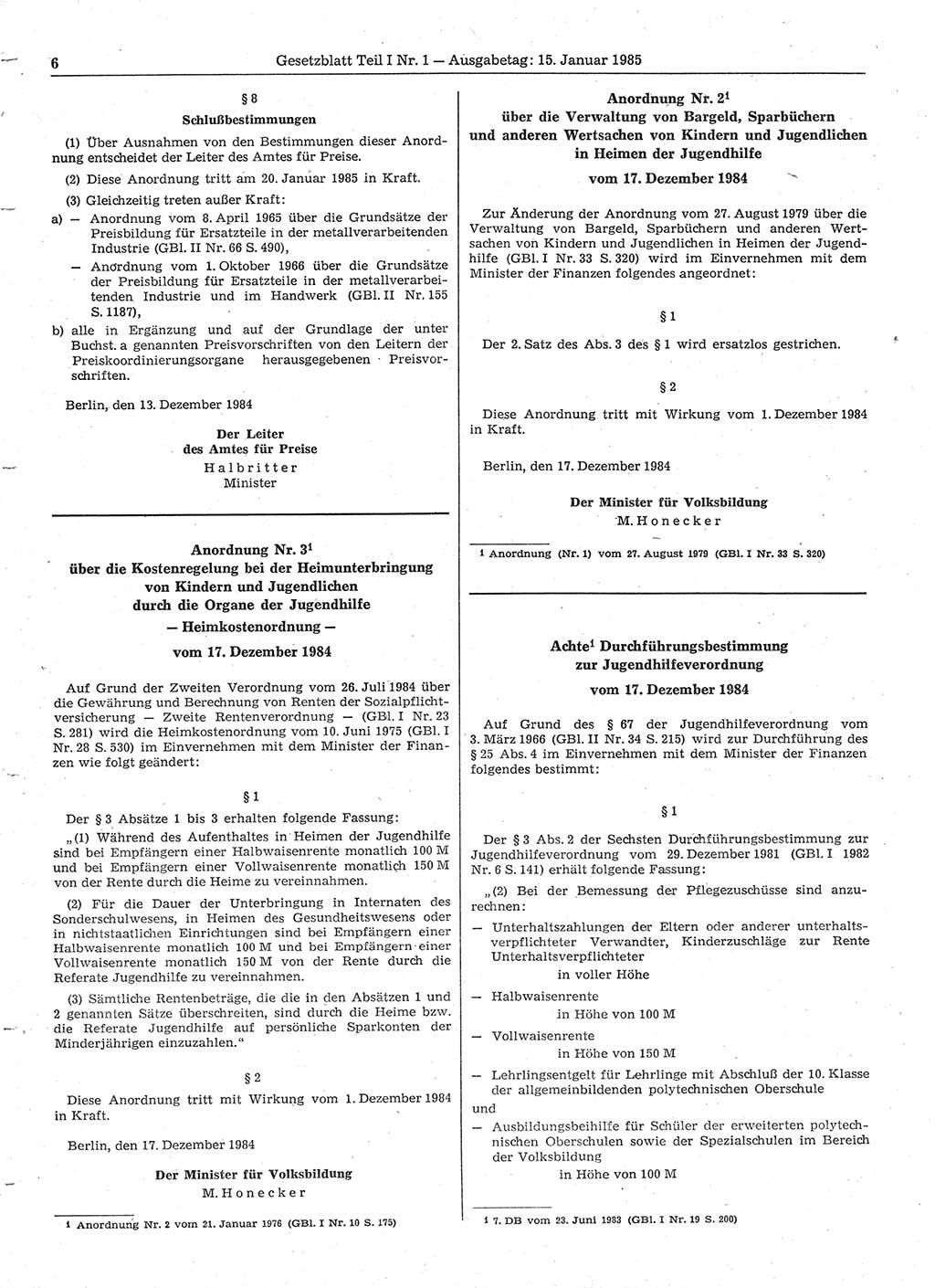 Gesetzblatt (GBl.) der Deutschen Demokratischen Republik (DDR) Teil Ⅰ 1985, Seite 6 (GBl. DDR Ⅰ 1985, S. 6)