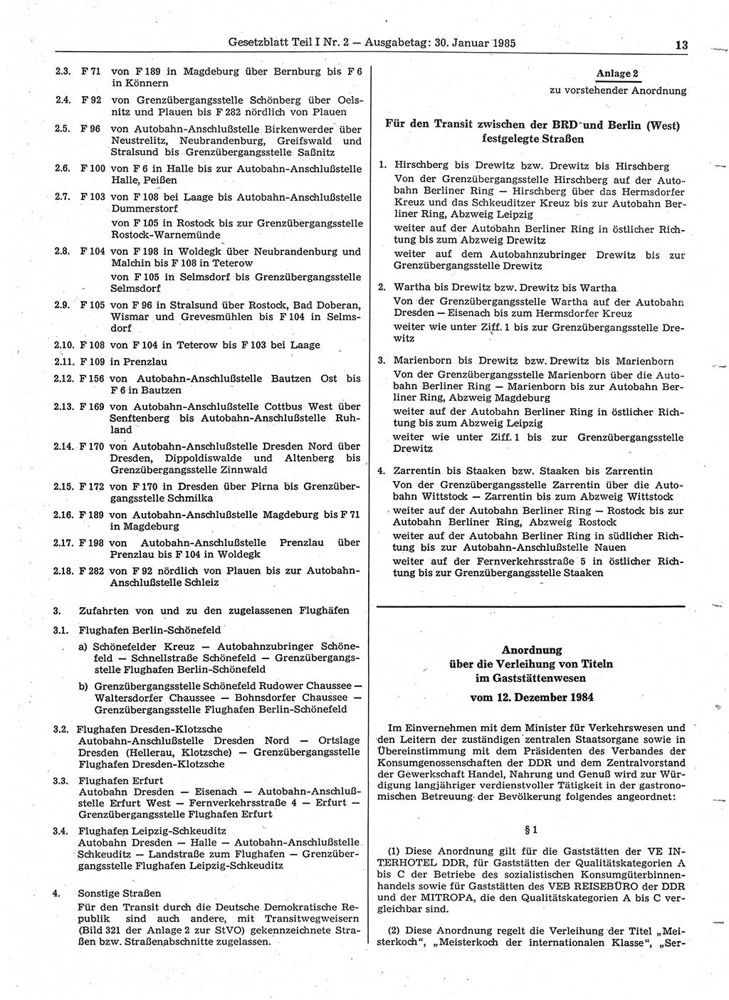 Gesetzblatt (GBl.) der Deutschen Demokratischen Republik (DDR) Teil Ⅰ 1985, Seite 13 (GBl. DDR Ⅰ 1985, S. 13)