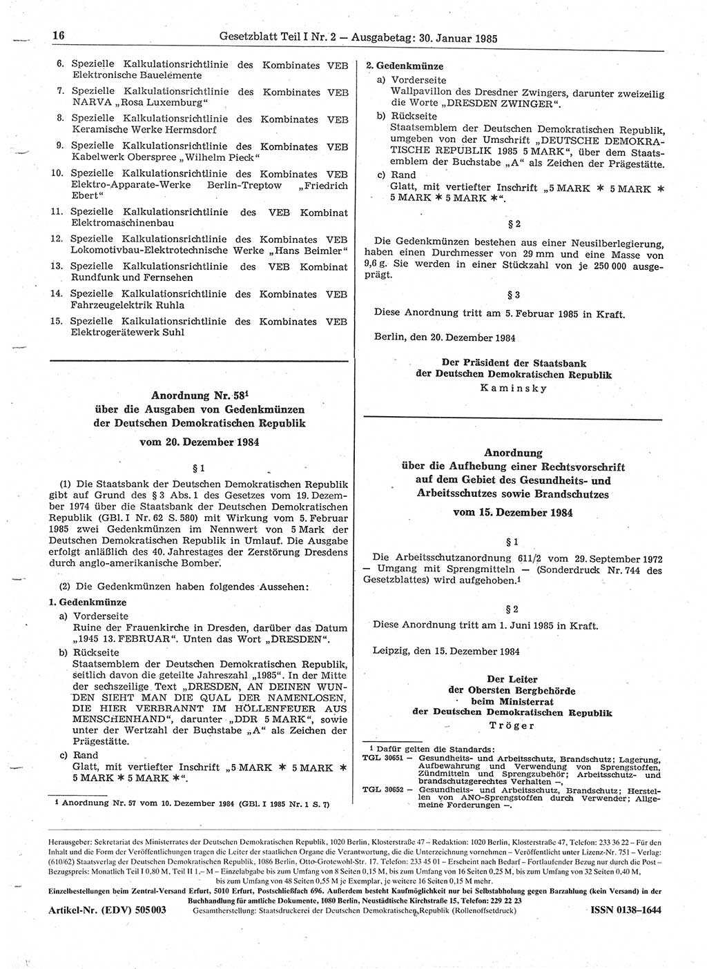 Gesetzblatt (GBl.) der Deutschen Demokratischen Republik (DDR) Teil Ⅰ 1985, Seite 16 (GBl. DDR Ⅰ 1985, S. 16)