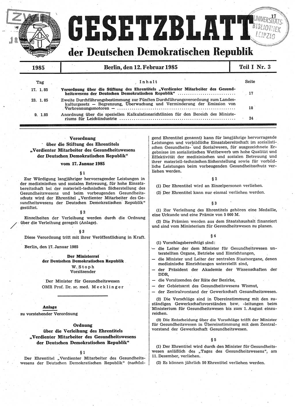 Gesetzblatt (GBl.) der Deutschen Demokratischen Republik (DDR) Teil Ⅰ 1985, Seite 17 (GBl. DDR Ⅰ 1985, S. 17)