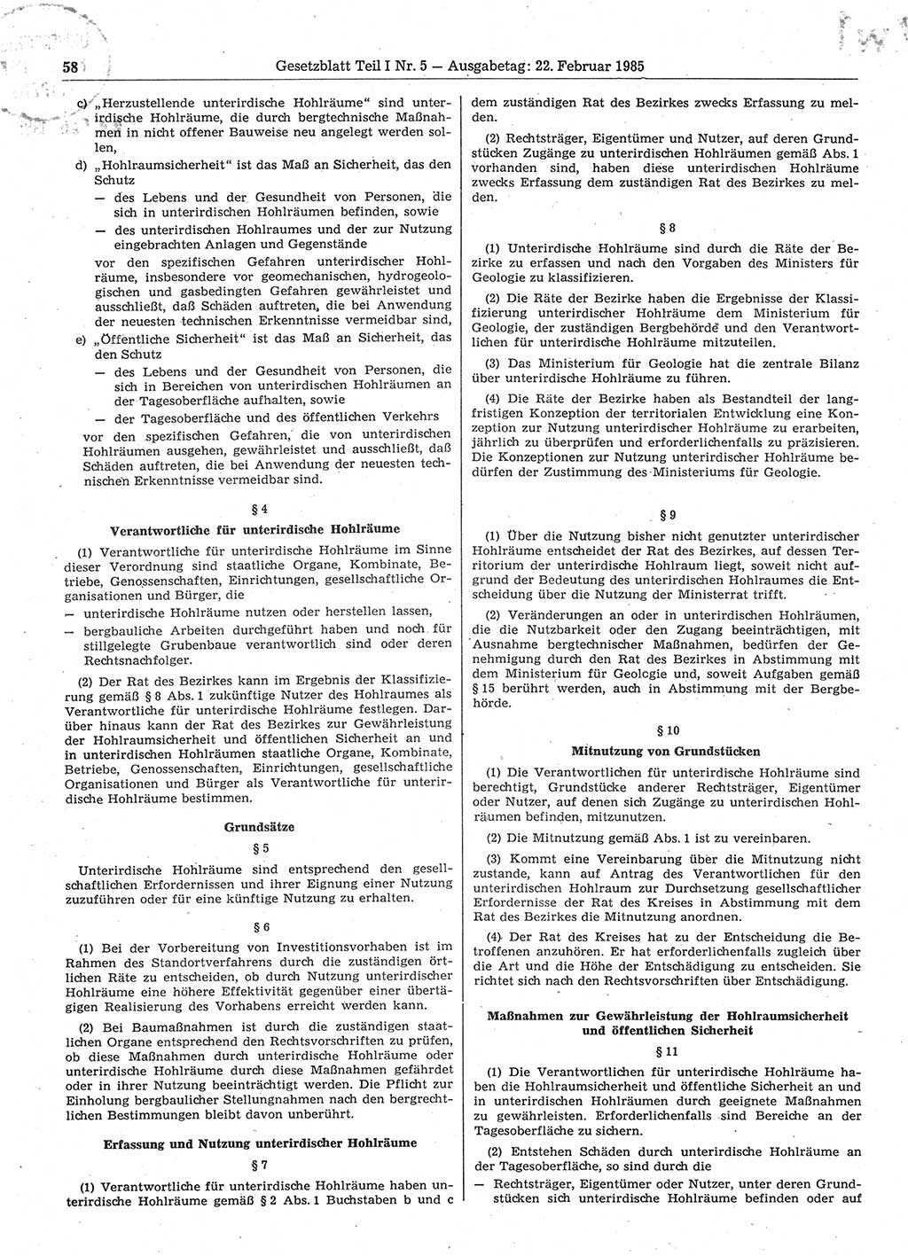 Gesetzblatt (GBl.) der Deutschen Demokratischen Republik (DDR) Teil Ⅰ 1985, Seite 58 (GBl. DDR Ⅰ 1985, S. 58)