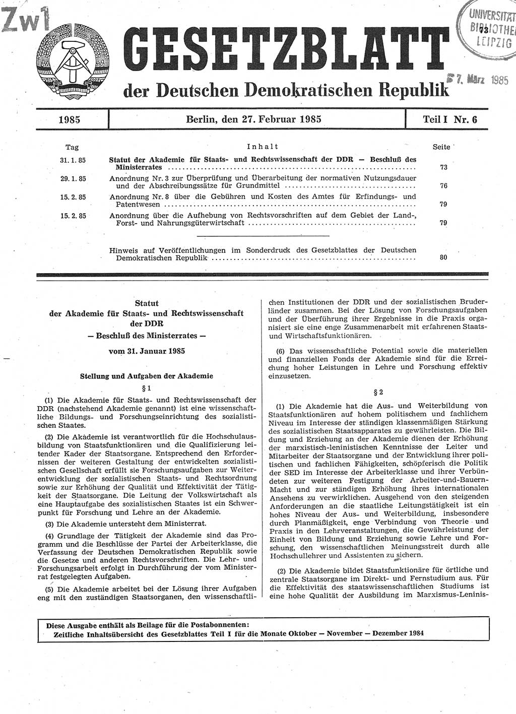 Gesetzblatt (GBl.) der Deutschen Demokratischen Republik (DDR) Teil Ⅰ 1985, Seite 73 (GBl. DDR Ⅰ 1985, S. 73)