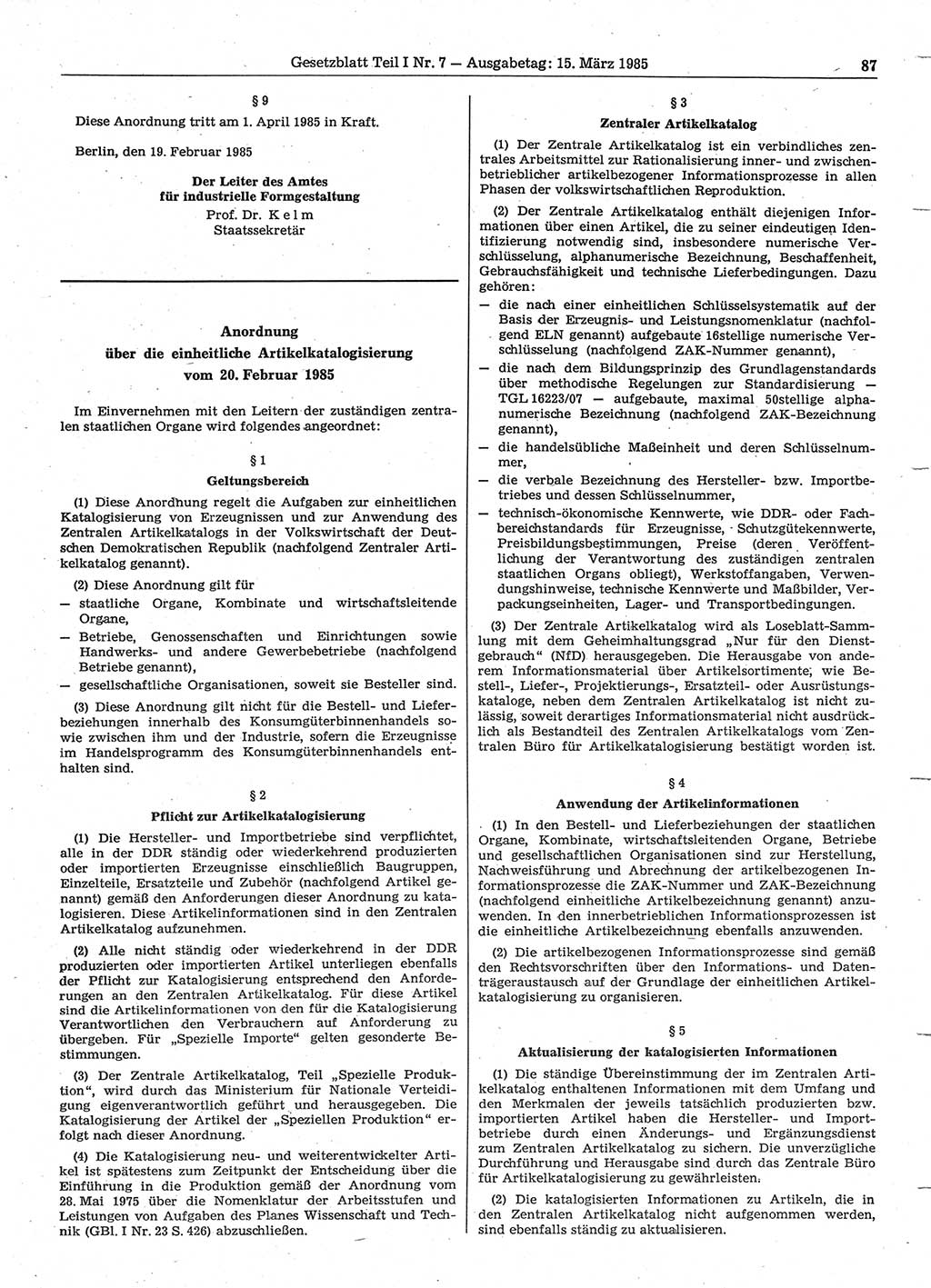 Gesetzblatt (GBl.) der Deutschen Demokratischen Republik (DDR) Teil Ⅰ 1985, Seite 87 (GBl. DDR Ⅰ 1985, S. 87)