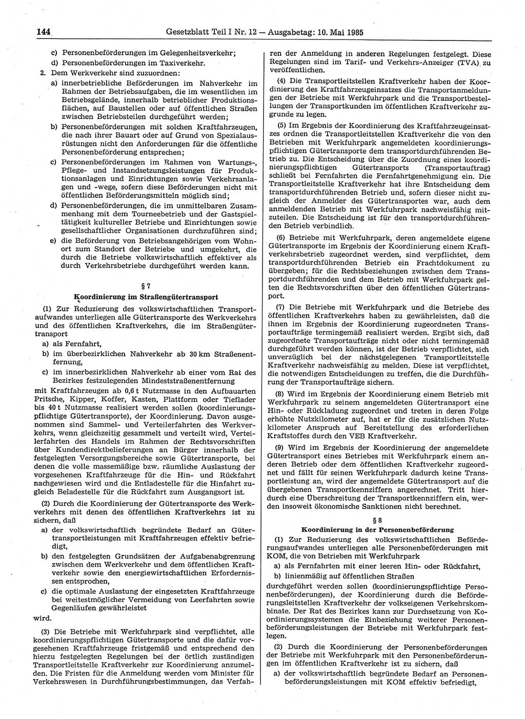 Gesetzblatt (GBl.) der Deutschen Demokratischen Republik (DDR) Teil Ⅰ 1985, Seite 144 (GBl. DDR Ⅰ 1985, S. 144)
