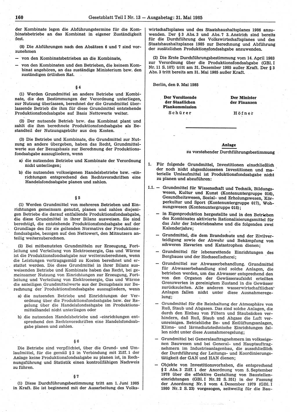 Gesetzblatt (GBl.) der Deutschen Demokratischen Republik (DDR) Teil Ⅰ 1985, Seite 160 (GBl. DDR Ⅰ 1985, S. 160)