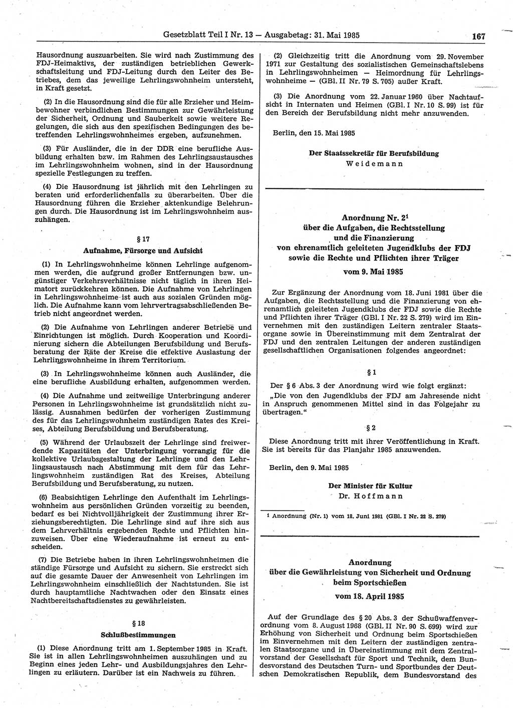 Gesetzblatt (GBl.) der Deutschen Demokratischen Republik (DDR) Teil Ⅰ 1985, Seite 167 (GBl. DDR Ⅰ 1985, S. 167)