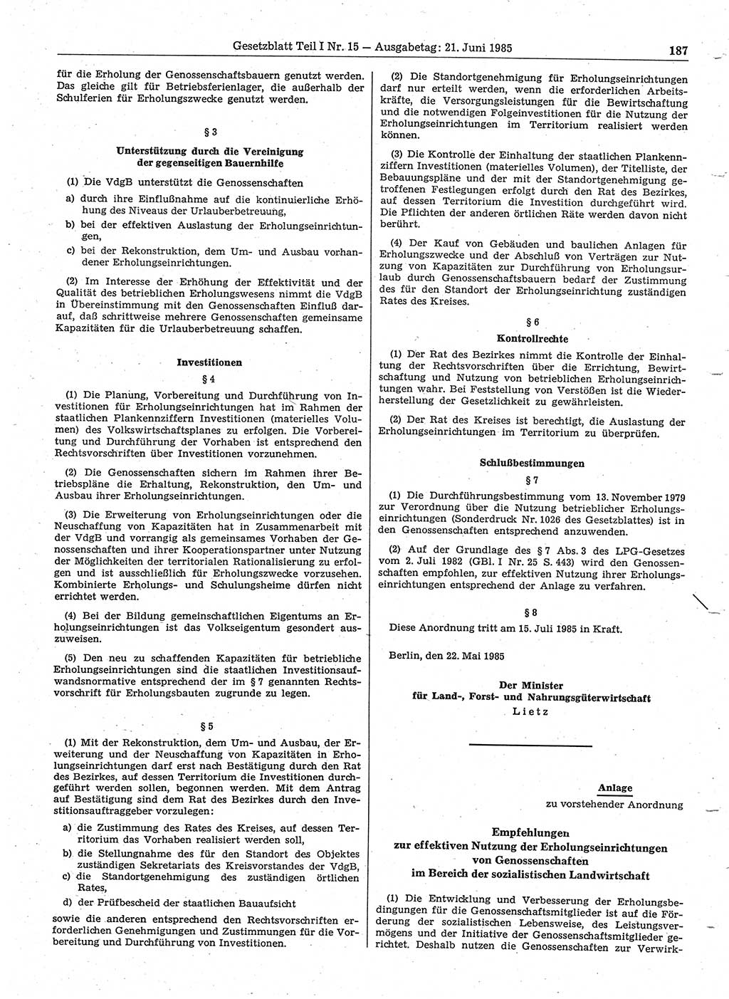 Gesetzblatt (GBl.) der Deutschen Demokratischen Republik (DDR) Teil Ⅰ 1985, Seite 187 (GBl. DDR Ⅰ 1985, S. 187)