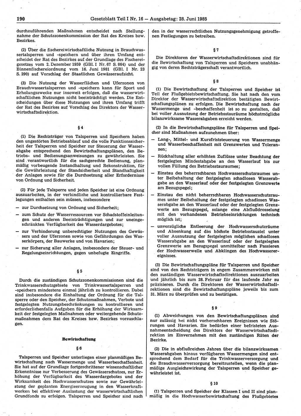 Gesetzblatt (GBl.) der Deutschen Demokratischen Republik (DDR) Teil Ⅰ 1985, Seite 190 (GBl. DDR Ⅰ 1985, S. 190)