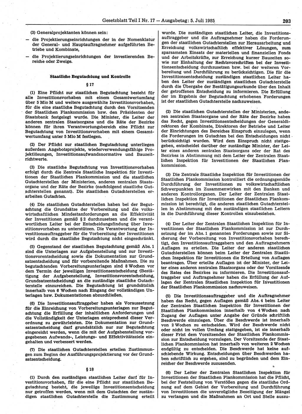 Gesetzblatt (GBl.) der Deutschen Demokratischen Republik (DDR) Teil Ⅰ 1985, Seite 203 (GBl. DDR Ⅰ 1985, S. 203)