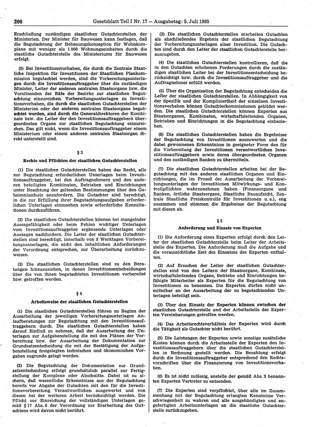 Gesetzblatt (GBl.) der Deutschen Demokratischen Republik (DDR) Teil Ⅰ 1985, Seite 206 (GBl. DDR Ⅰ 1985, S. 206)