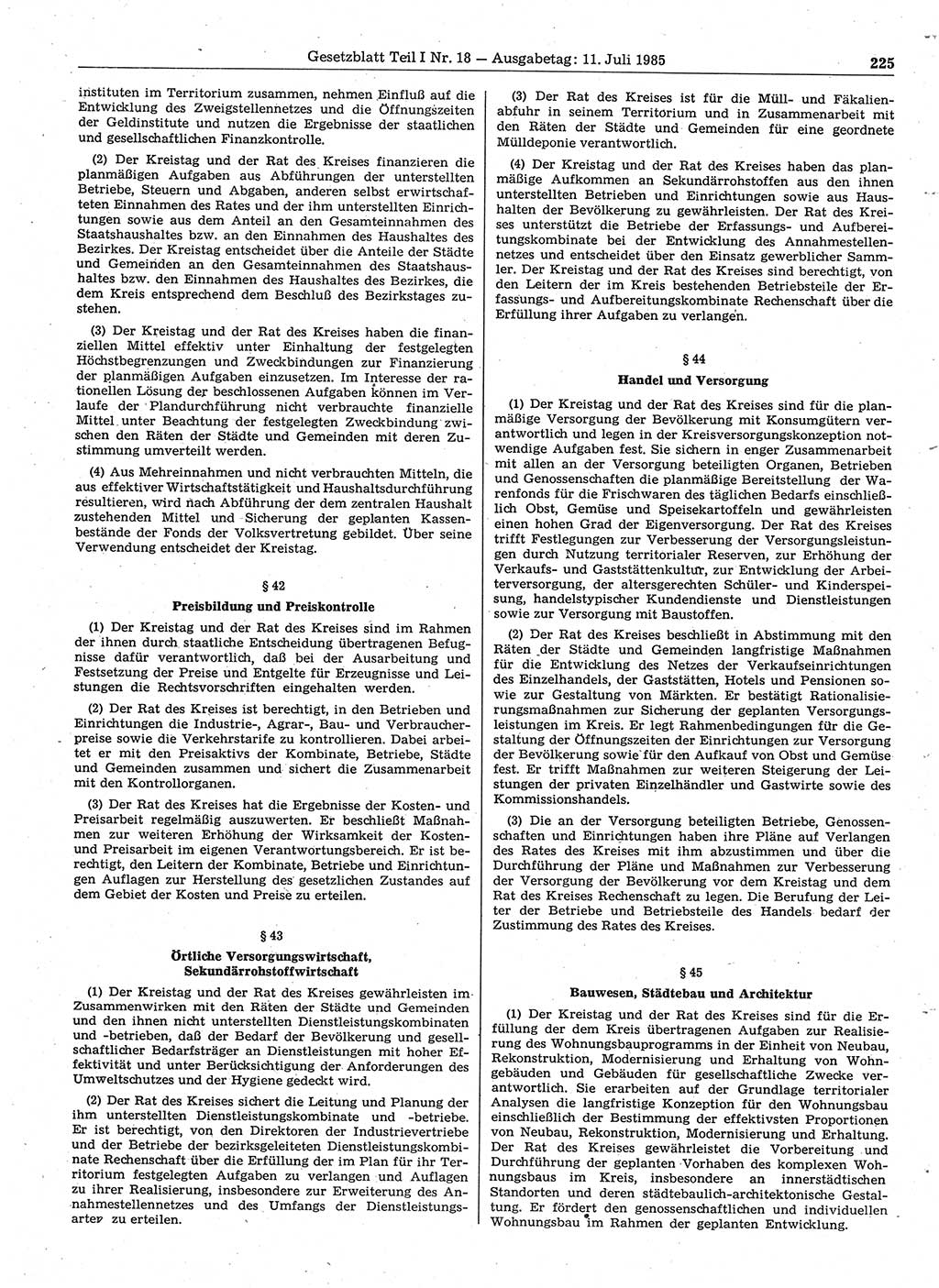 Gesetzblatt (GBl.) der Deutschen Demokratischen Republik (DDR) Teil Ⅰ 1985, Seite 225 (GBl. DDR Ⅰ 1985, S. 225)