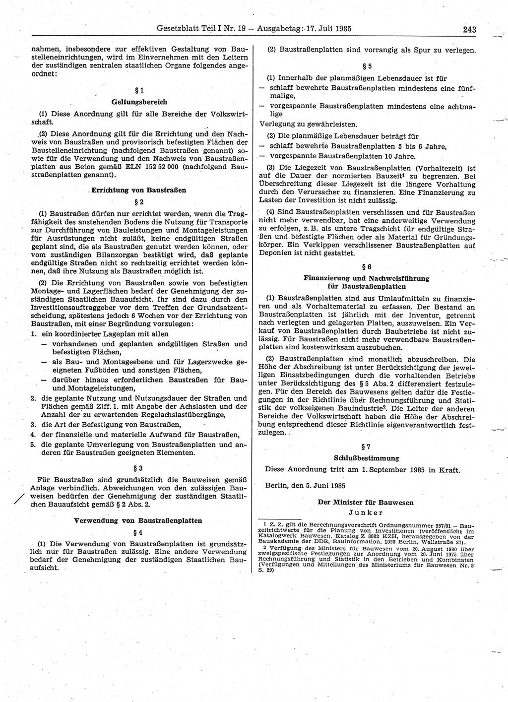Gesetzblatt (GBl.) der Deutschen Demokratischen Republik (DDR) Teil Ⅰ 1985, Seite 243 (GBl. DDR Ⅰ 1985, S. 243)