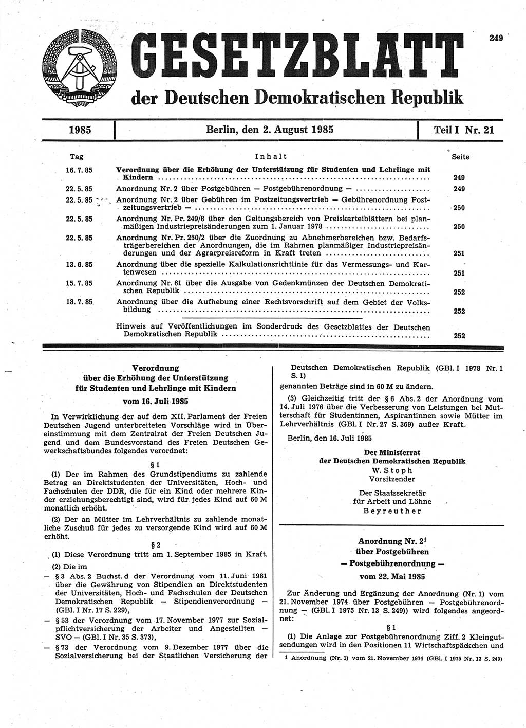 Gesetzblatt (GBl.) der Deutschen Demokratischen Republik (DDR) Teil Ⅰ 1985, Seite 249 (GBl. DDR Ⅰ 1985, S. 249)
