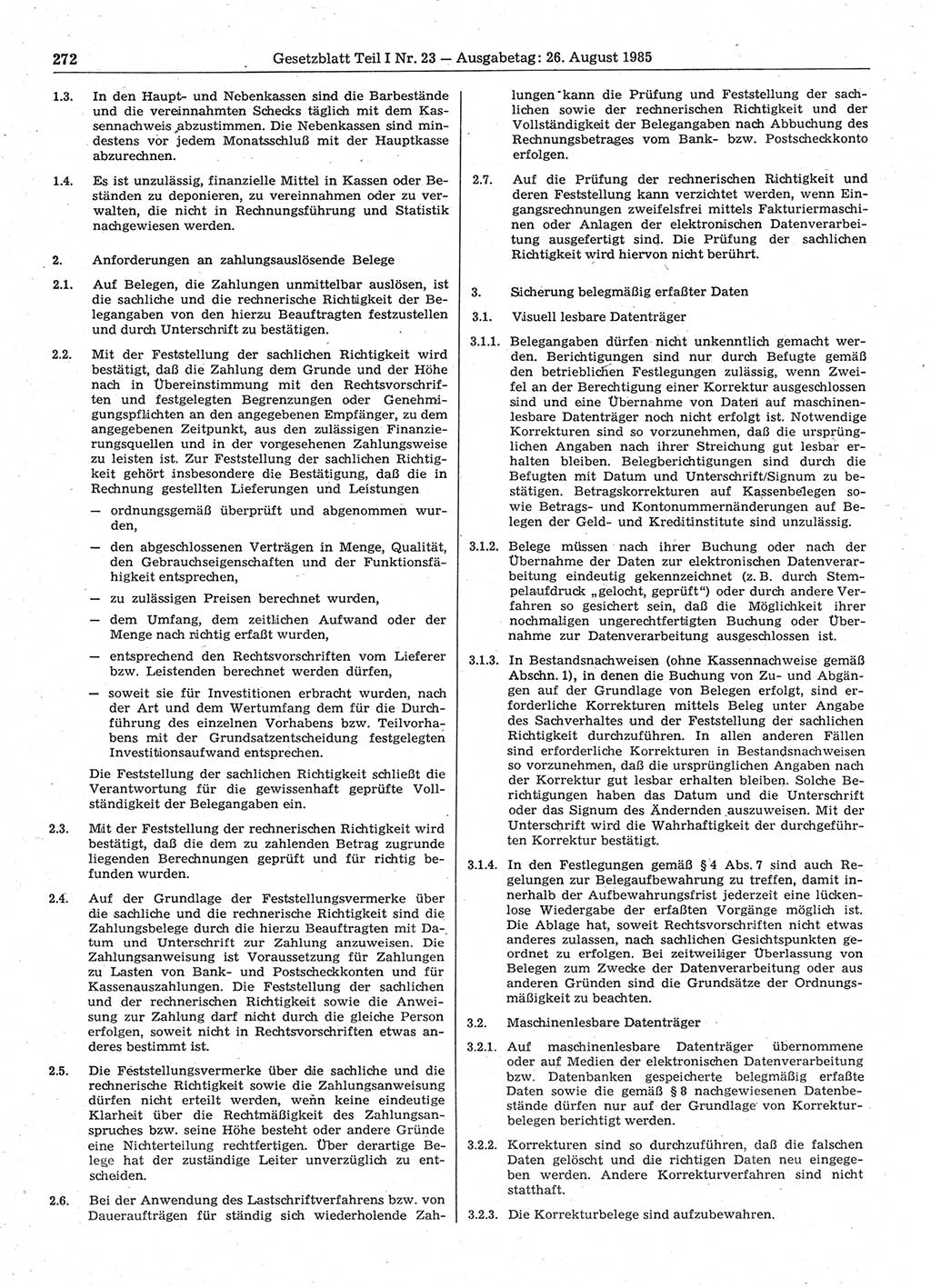 Gesetzblatt (GBl.) der Deutschen Demokratischen Republik (DDR) Teil Ⅰ 1985, Seite 272 (GBl. DDR Ⅰ 1985, S. 272)