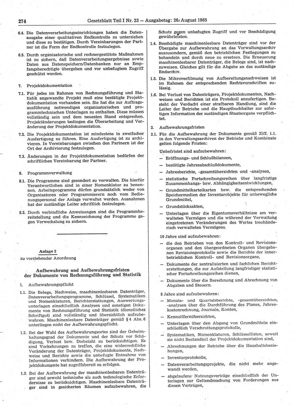 Gesetzblatt (GBl.) der Deutschen Demokratischen Republik (DDR) Teil Ⅰ 1985, Seite 274 (GBl. DDR Ⅰ 1985, S. 274)