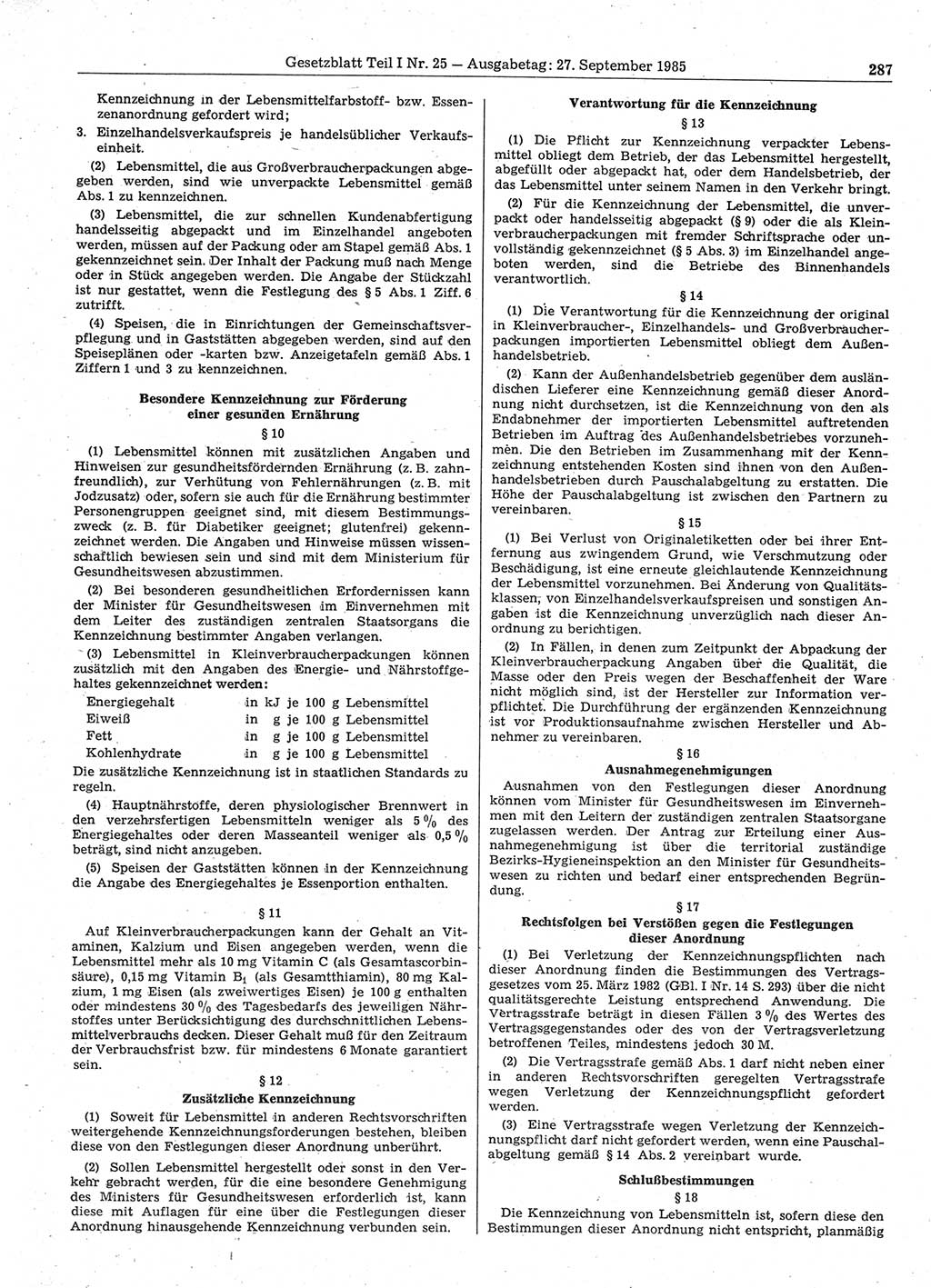 Gesetzblatt (GBl.) der Deutschen Demokratischen Republik (DDR) Teil Ⅰ 1985, Seite 287 (GBl. DDR Ⅰ 1985, S. 287)