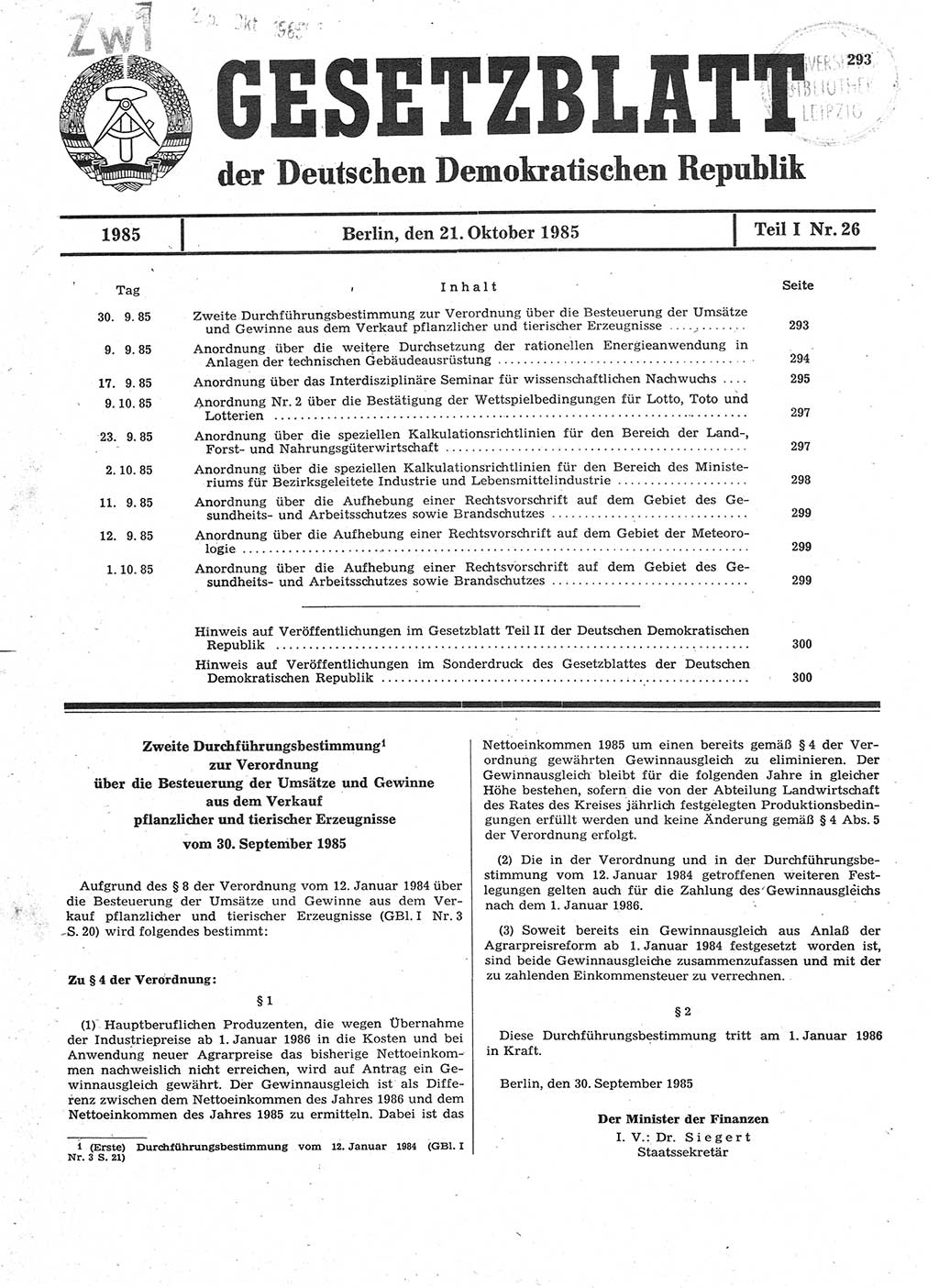 Gesetzblatt (GBl.) der Deutschen Demokratischen Republik (DDR) Teil Ⅰ 1985, Seite 293 (GBl. DDR Ⅰ 1985, S. 293)
