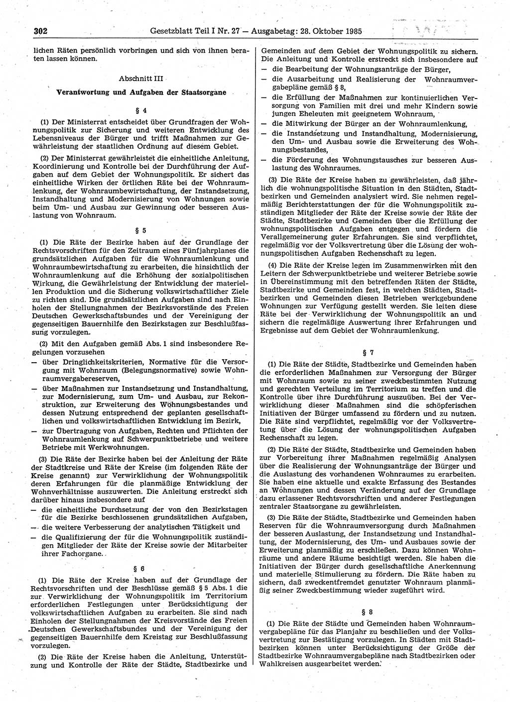 Gesetzblatt (GBl.) der Deutschen Demokratischen Republik (DDR) Teil Ⅰ 1985, Seite 302 (GBl. DDR Ⅰ 1985, S. 302)