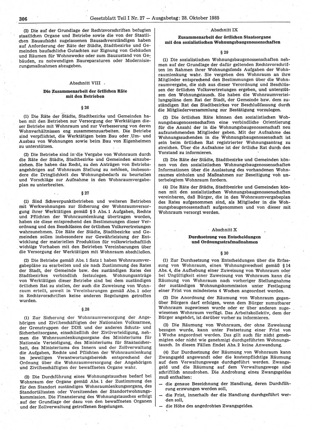 Gesetzblatt (GBl.) der Deutschen Demokratischen Republik (DDR) Teil Ⅰ 1985, Seite 306 (GBl. DDR Ⅰ 1985, S. 306)