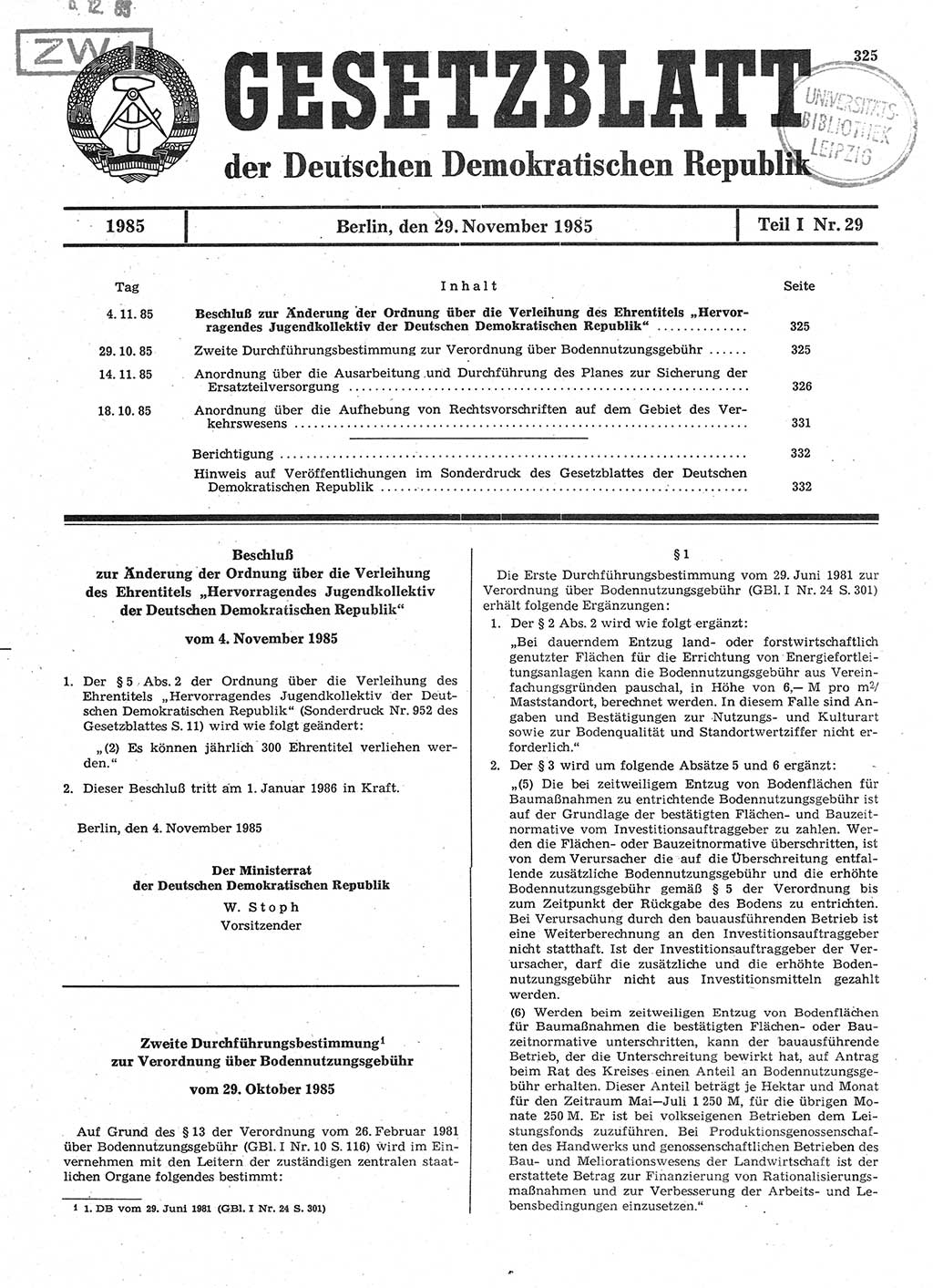 Gesetzblatt (GBl.) der Deutschen Demokratischen Republik (DDR) Teil Ⅰ 1985, Seite 325 (GBl. DDR Ⅰ 1985, S. 325)