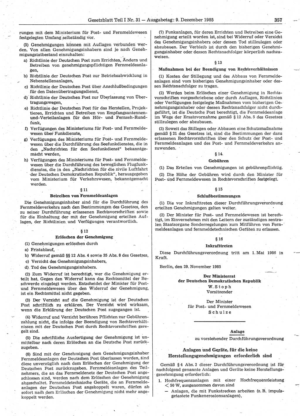 Gesetzblatt (GBl.) der Deutschen Demokratischen Republik (DDR) Teil Ⅰ 1985, Seite 357 (GBl. DDR Ⅰ 1985, S. 357)