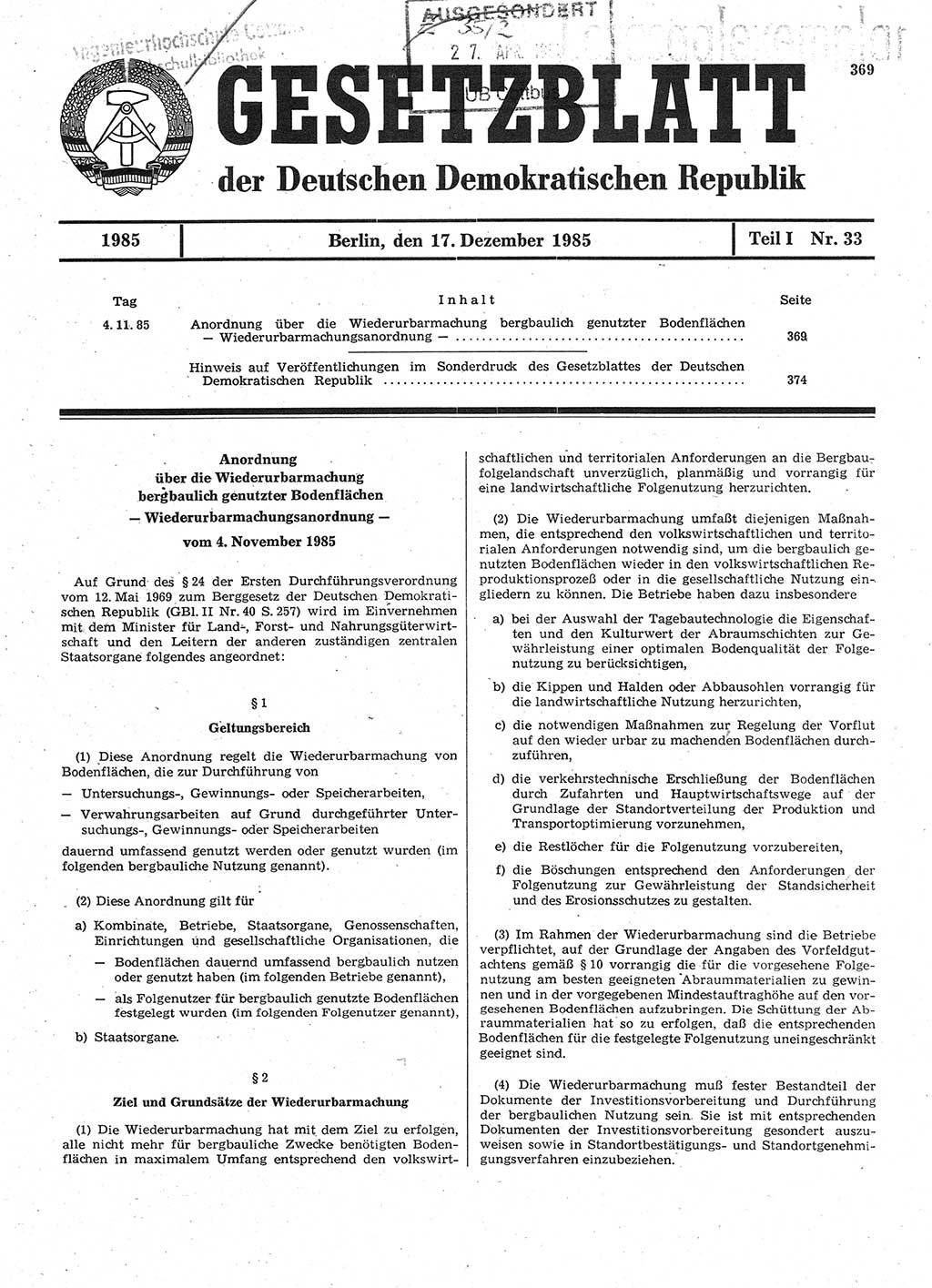 Gesetzblatt (GBl.) der Deutschen Demokratischen Republik (DDR) Teil Ⅰ 1985, Seite 369 (GBl. DDR Ⅰ 1985, S. 369)