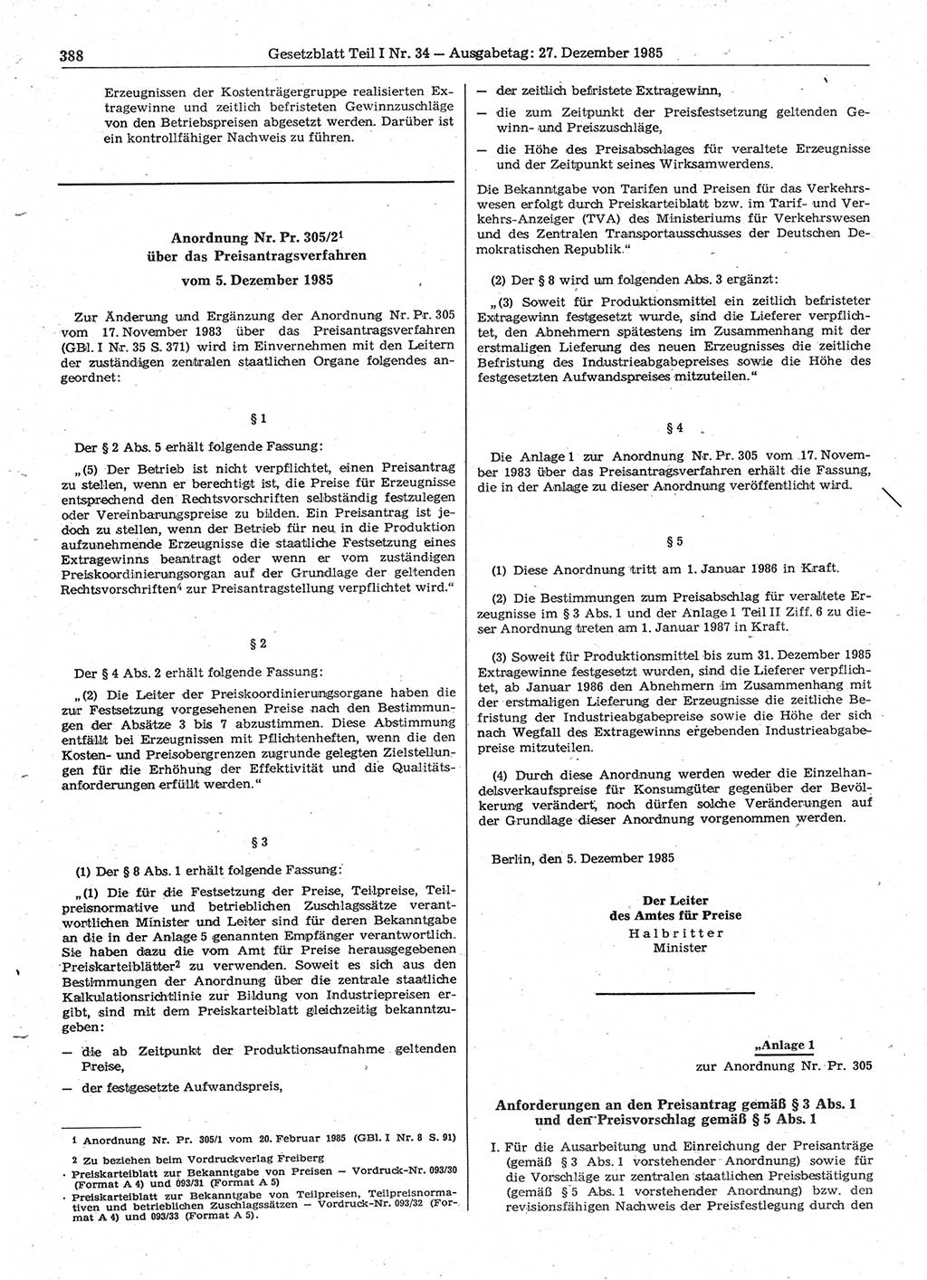 Gesetzblatt (GBl.) der Deutschen Demokratischen Republik (DDR) Teil Ⅰ 1985, Seite 388 (GBl. DDR Ⅰ 1985, S. 388)