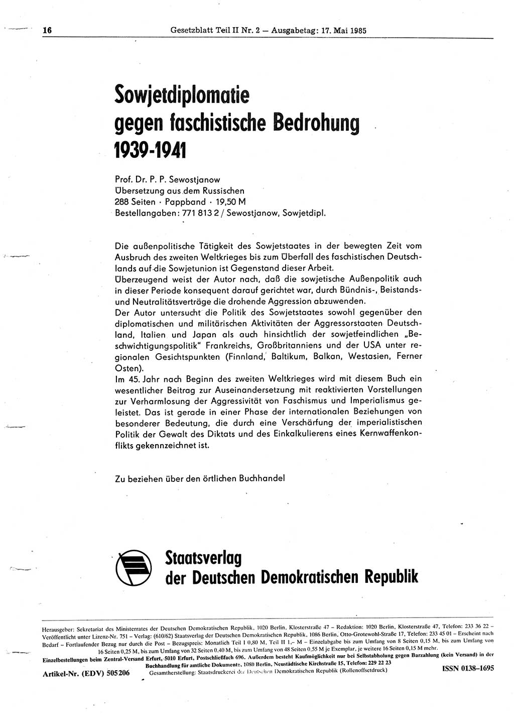 Gesetzblatt (GBl.) der Deutschen Demokratischen Republik (DDR) Teil ⅠⅠ 1985, Seite 16 (GBl. DDR ⅠⅠ 1985, S. 16)