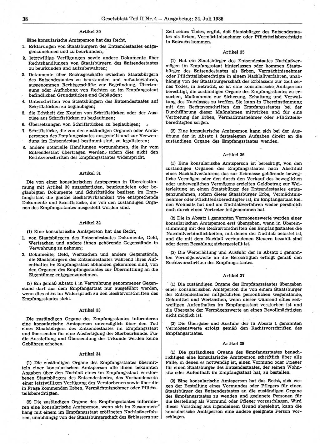 Gesetzblatt (GBl.) der Deutschen Demokratischen Republik (DDR) Teil ⅠⅠ 1985, Seite 38 (GBl. DDR ⅠⅠ 1985, S. 38)