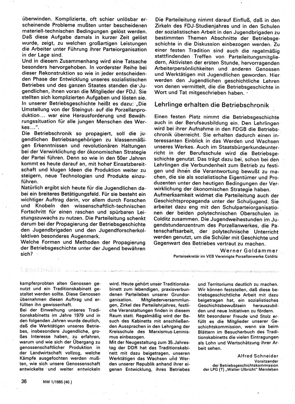 Neuer Weg (NW), Organ des Zentralkomitees (ZK) der SED (Sozialistische Einheitspartei Deutschlands) für Fragen des Parteilebens, 40. Jahrgang [Deutsche Demokratische Republik (DDR)] 1985, Seite 36 (NW ZK SED DDR 1985, S. 36)