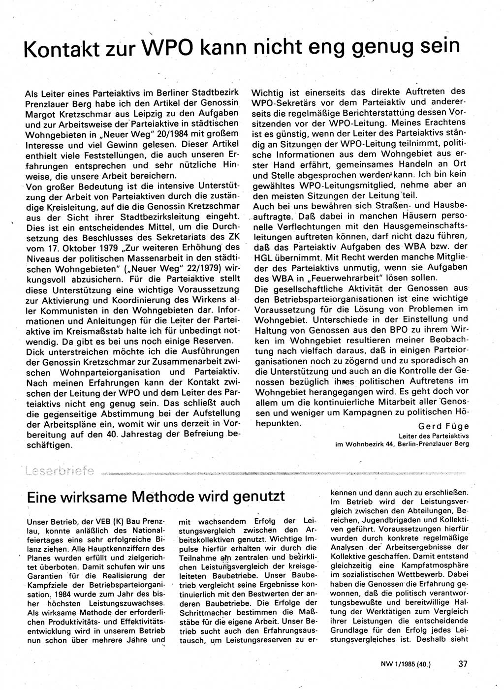 Neuer Weg (NW), Organ des Zentralkomitees (ZK) der SED (Sozialistische Einheitspartei Deutschlands) für Fragen des Parteilebens, 40. Jahrgang [Deutsche Demokratische Republik (DDR)] 1985, Seite 37 (NW ZK SED DDR 1985, S. 37)