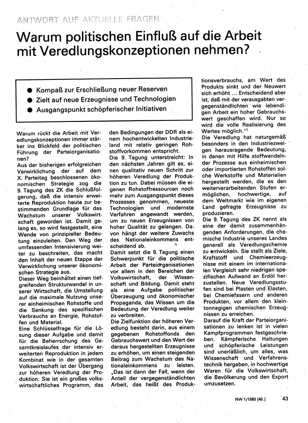Neuer Weg (NW), Organ des Zentralkomitees (ZK) der SED (Sozialistische Einheitspartei Deutschlands) für Fragen des Parteilebens, 40. Jahrgang [Deutsche Demokratische Republik (DDR)] 1985, Seite 43 (NW ZK SED DDR 1985, S. 43)