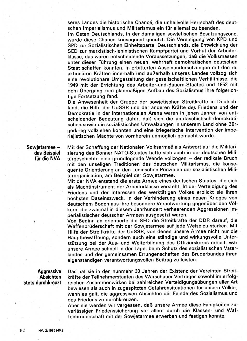 Neuer Weg (NW), Organ des Zentralkomitees (ZK) der SED (Sozialistische Einheitspartei Deutschlands) für Fragen des Parteilebens, 40. Jahrgang [Deutsche Demokratische Republik (DDR)] 1985, Seite 52 (NW ZK SED DDR 1985, S. 52)