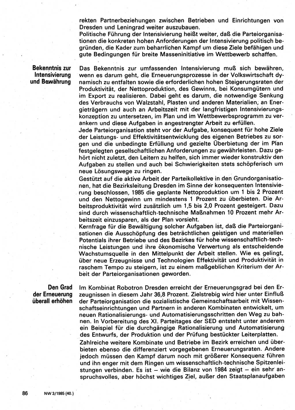 Neuer Weg (NW), Organ des Zentralkomitees (ZK) der SED (Sozialistische Einheitspartei Deutschlands) für Fragen des Parteilebens, 40. Jahrgang [Deutsche Demokratische Republik (DDR)] 1985, Seite 86 (NW ZK SED DDR 1985, S. 86)