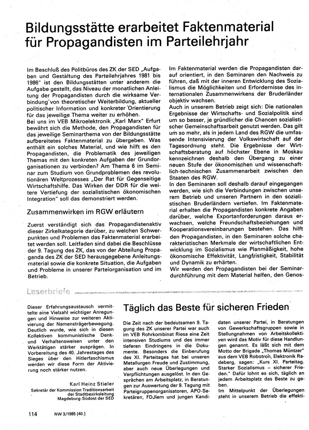 Neuer Weg (NW), Organ des Zentralkomitees (ZK) der SED (Sozialistische Einheitspartei Deutschlands) für Fragen des Parteilebens, 40. Jahrgang [Deutsche Demokratische Republik (DDR)] 1985, Seite 114 (NW ZK SED DDR 1985, S. 114)