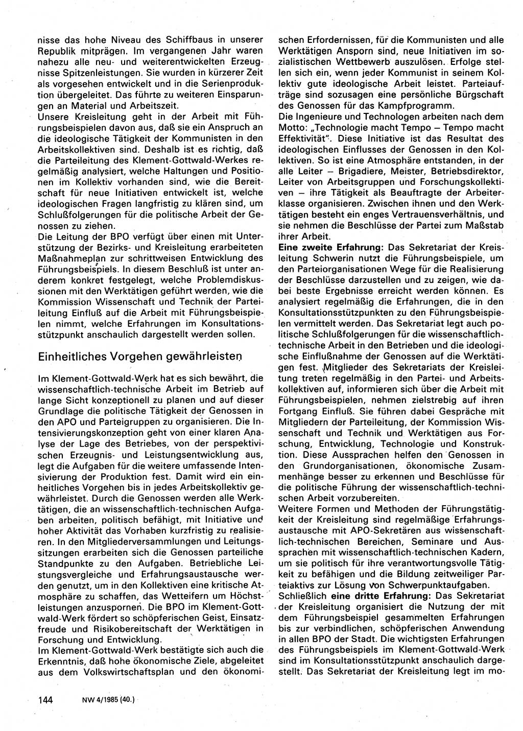 Neuer Weg (NW), Organ des Zentralkomitees (ZK) der SED (Sozialistische Einheitspartei Deutschlands) für Fragen des Parteilebens, 40. Jahrgang [Deutsche Demokratische Republik (DDR)] 1985, Seite 144 (NW ZK SED DDR 1985, S. 144)