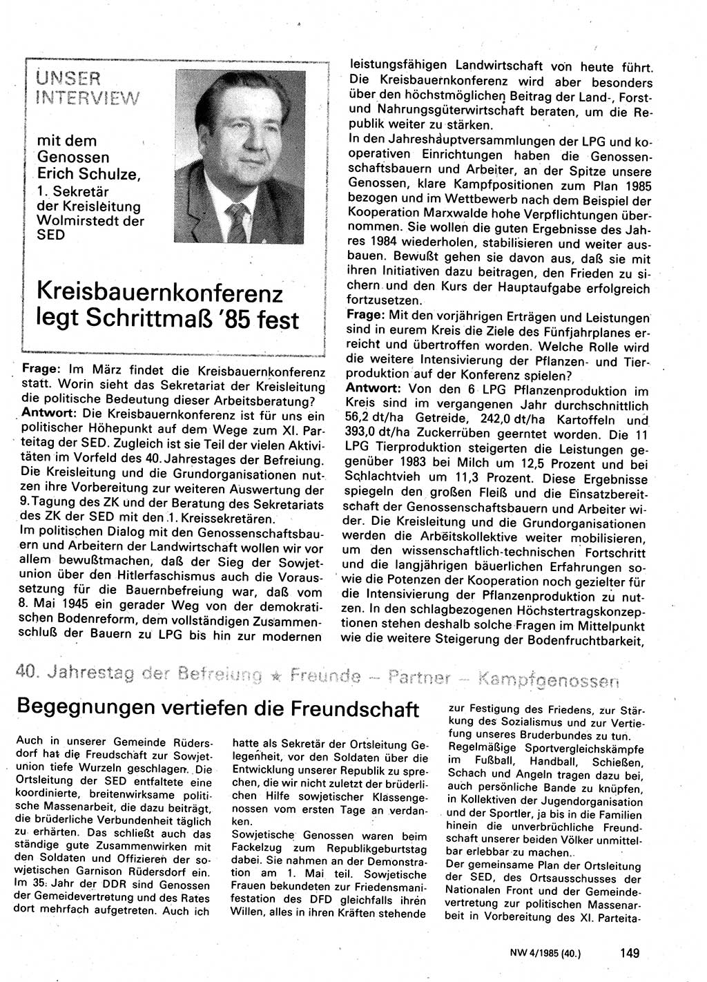 Neuer Weg (NW), Organ des Zentralkomitees (ZK) der SED (Sozialistische Einheitspartei Deutschlands) für Fragen des Parteilebens, 40. Jahrgang [Deutsche Demokratische Republik (DDR)] 1985, Seite 149 (NW ZK SED DDR 1985, S. 149)