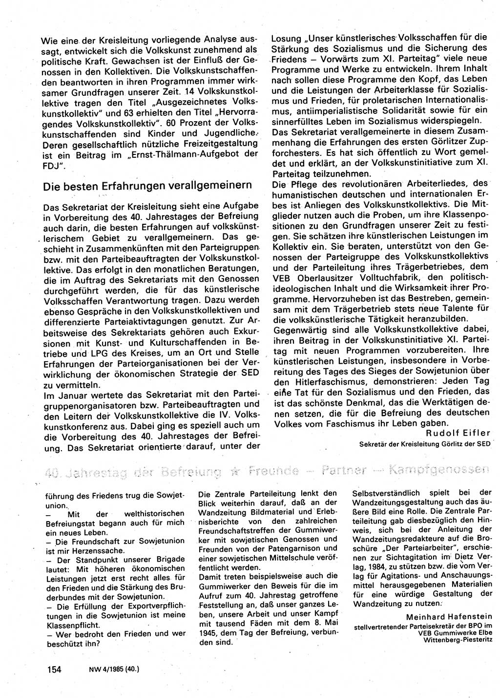 Neuer Weg (NW), Organ des Zentralkomitees (ZK) der SED (Sozialistische Einheitspartei Deutschlands) für Fragen des Parteilebens, 40. Jahrgang [Deutsche Demokratische Republik (DDR)] 1985, Seite 154 (NW ZK SED DDR 1985, S. 154)