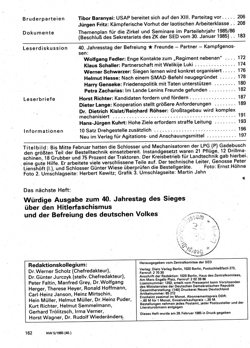 Neuer Weg (NW), Organ des Zentralkomitees (ZK) der SED (Sozialistische Einheitspartei Deutschlands) für Fragen des Parteilebens, 40. Jahrgang [Deutsche Demokratische Republik (DDR)] 1985, Seite 162 (NW ZK SED DDR 1985, S. 162)