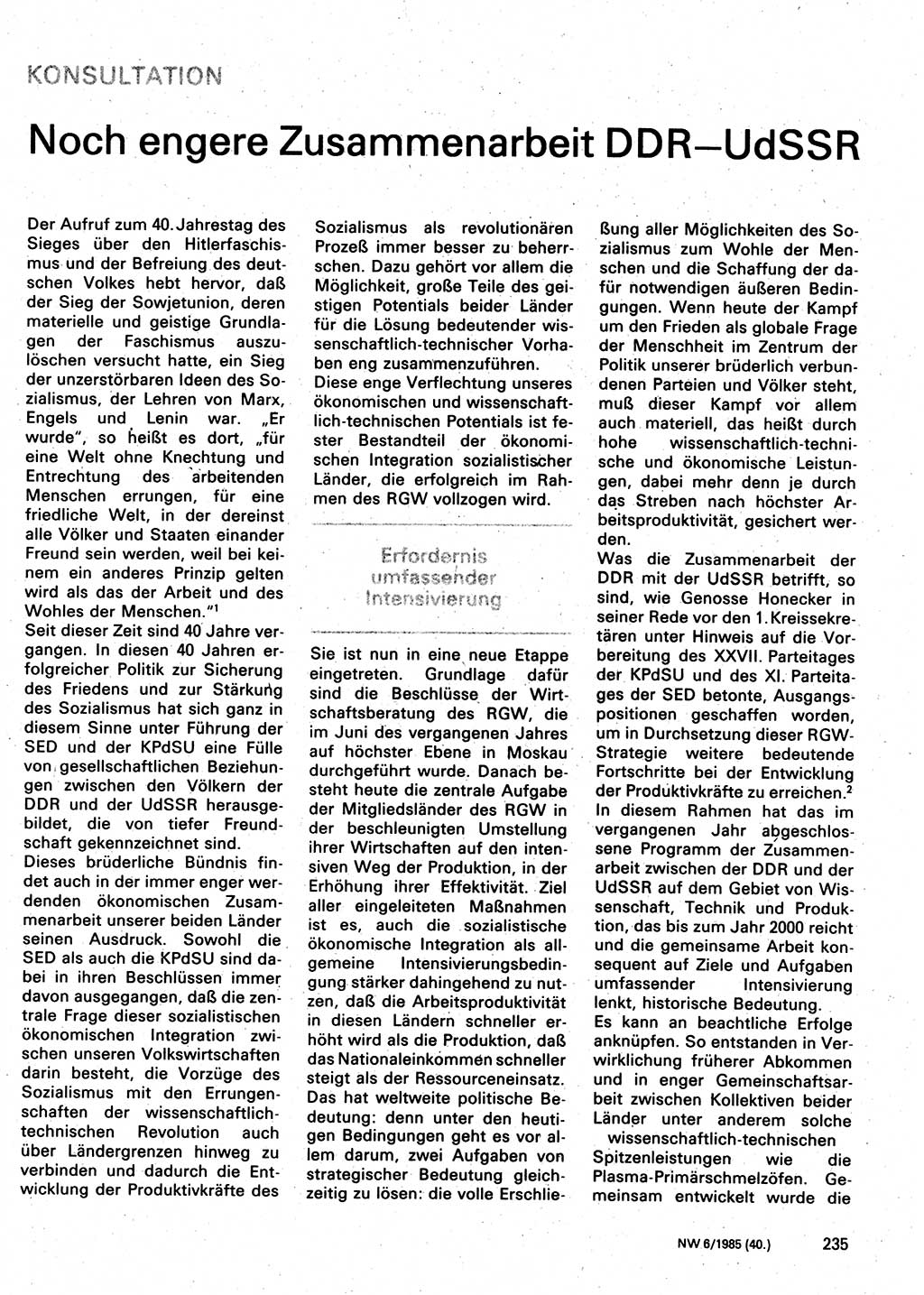 Neuer Weg (NW), Organ des Zentralkomitees (ZK) der SED (Sozialistische Einheitspartei Deutschlands) für Fragen des Parteilebens, 40. Jahrgang [Deutsche Demokratische Republik (DDR)] 1985, Seite 235 (NW ZK SED DDR 1985, S. 235)