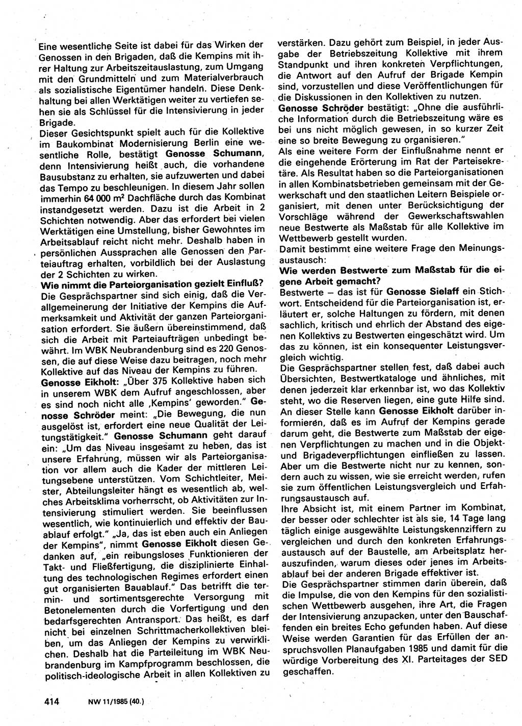Neuer Weg (NW), Organ des Zentralkomitees (ZK) der SED (Sozialistische Einheitspartei Deutschlands) für Fragen des Parteilebens, 40. Jahrgang [Deutsche Demokratische Republik (DDR)] 1985, Seite 414 (NW ZK SED DDR 1985, S. 414)