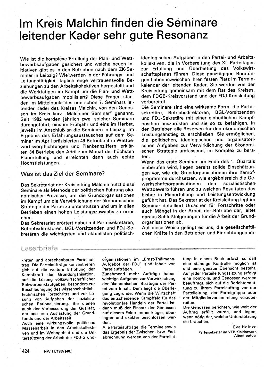 Neuer Weg (NW), Organ des Zentralkomitees (ZK) der SED (Sozialistische Einheitspartei Deutschlands) für Fragen des Parteilebens, 40. Jahrgang [Deutsche Demokratische Republik (DDR)] 1985, Seite 424 (NW ZK SED DDR 1985, S. 424)