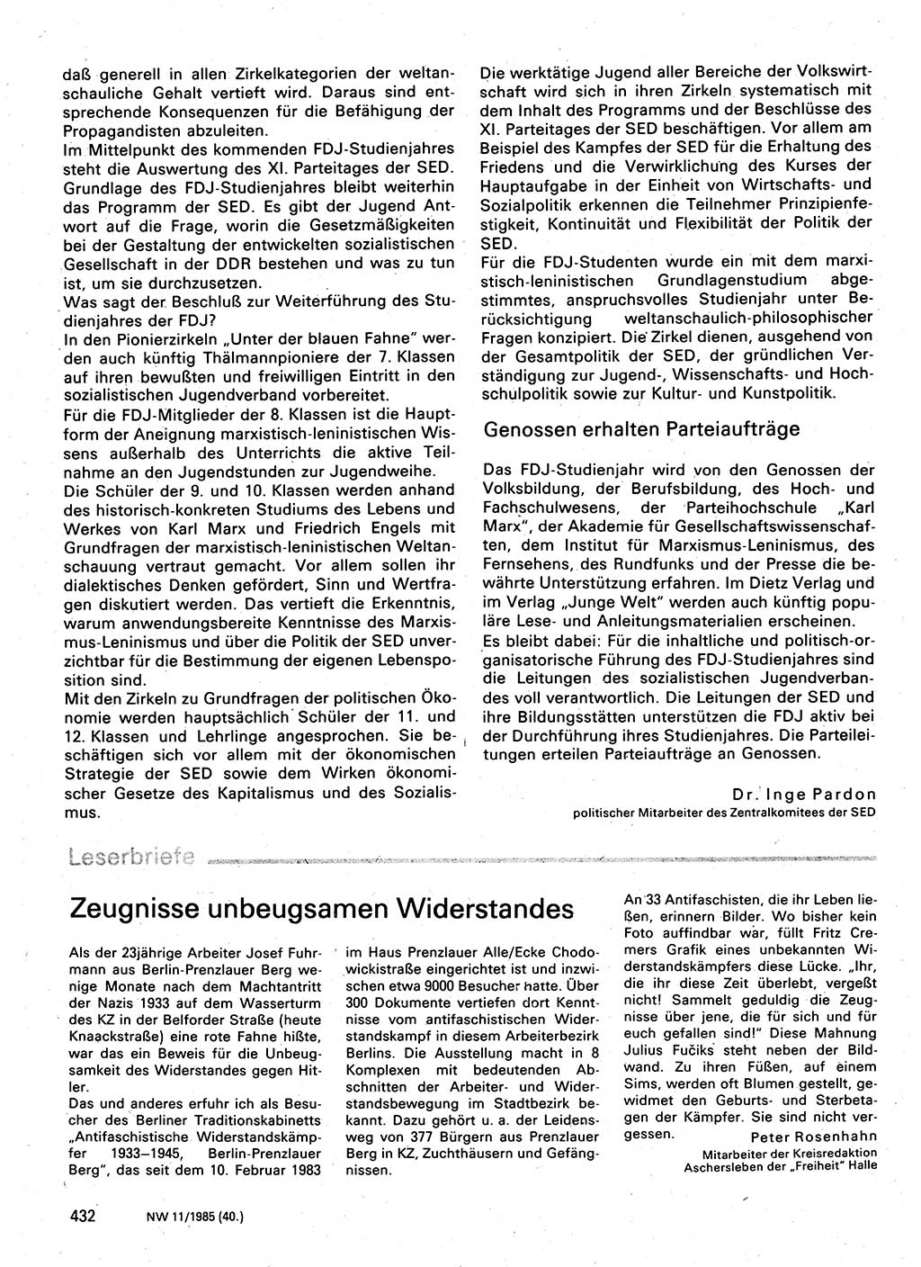 Neuer Weg (NW), Organ des Zentralkomitees (ZK) der SED (Sozialistische Einheitspartei Deutschlands) für Fragen des Parteilebens, 40. Jahrgang [Deutsche Demokratische Republik (DDR)] 1985, Seite 432 (NW ZK SED DDR 1985, S. 432)