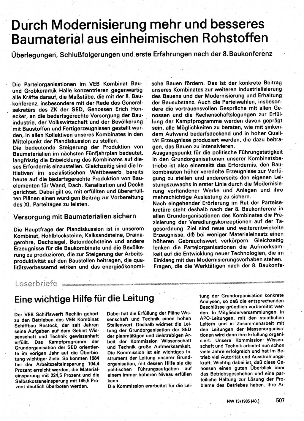 Neuer Weg (NW), Organ des Zentralkomitees (ZK) der SED (Sozialistische Einheitspartei Deutschlands) für Fragen des Parteilebens, 40. Jahrgang [Deutsche Demokratische Republik (DDR)] 1985, Seite 507 (NW ZK SED DDR 1985, S. 507)