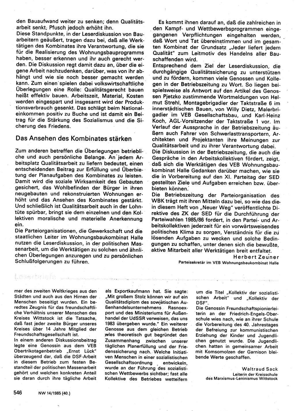 Neuer Weg (NW), Organ des Zentralkomitees (ZK) der SED (Sozialistische Einheitspartei Deutschlands) für Fragen des Parteilebens, 40. Jahrgang [Deutsche Demokratische Republik (DDR)] 1985, Seite 546 (NW ZK SED DDR 1985, S. 546)